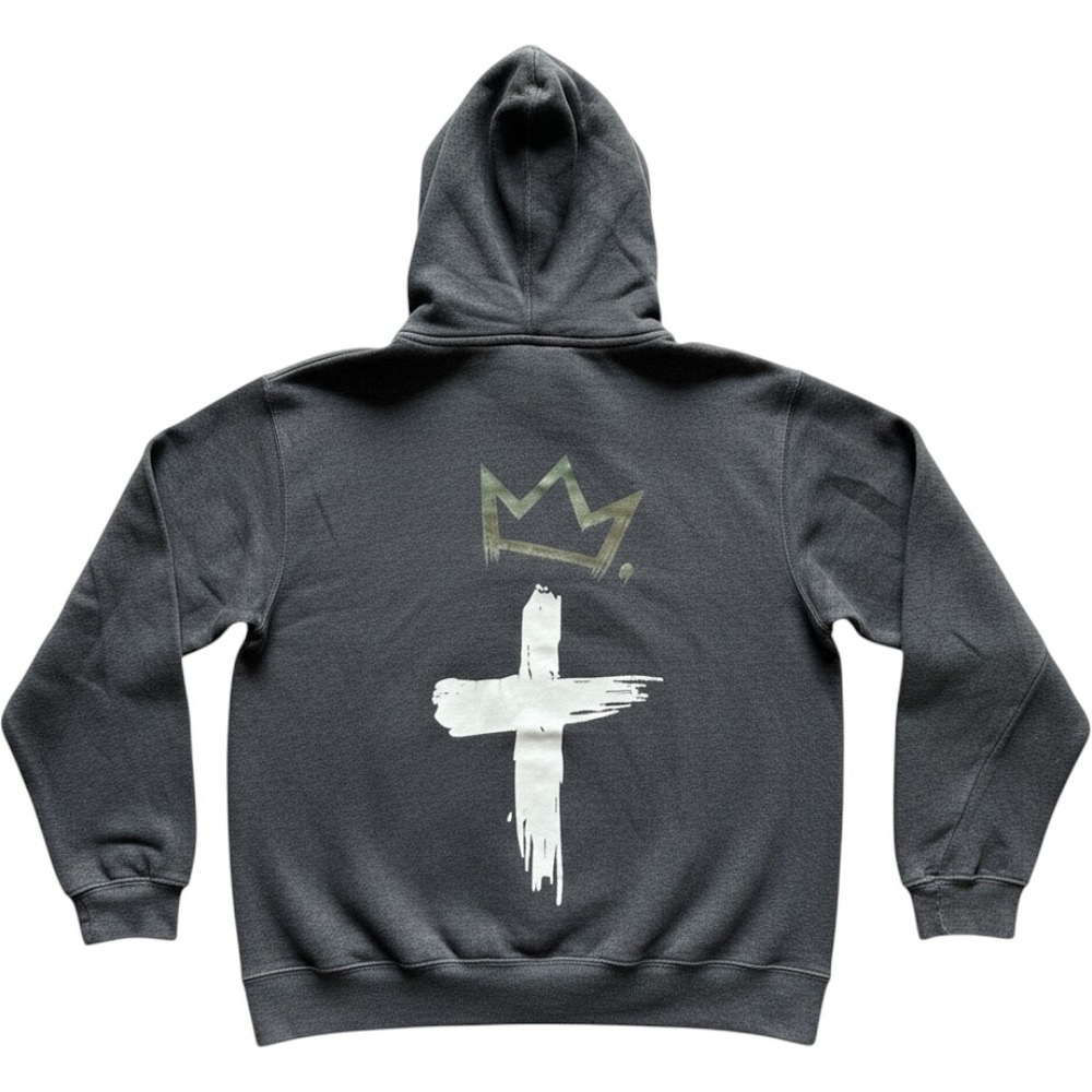 Reign of Righteousness Men Charcoal Grey Cross Crown Graphic Pullover Hoodie L - Picture 2 of 6